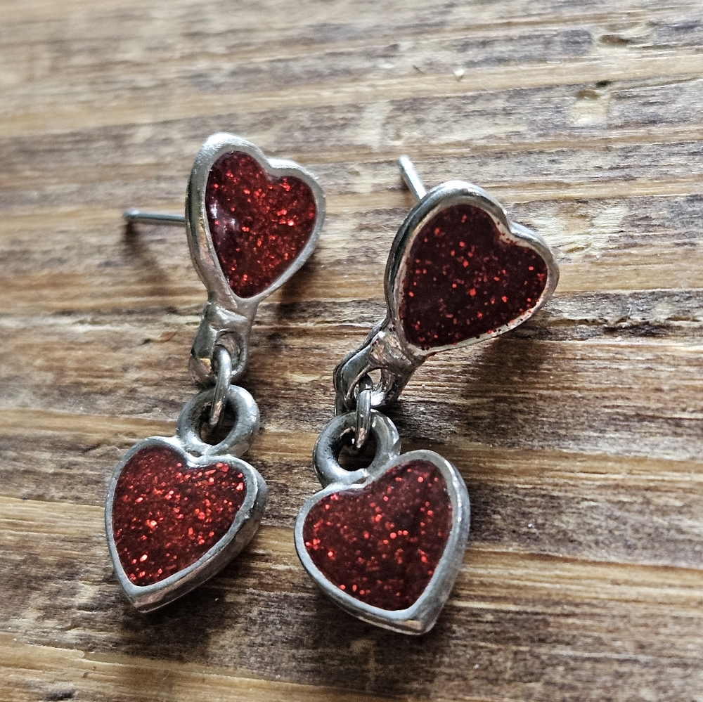 Heart-Shaped Red Glitter Earrings